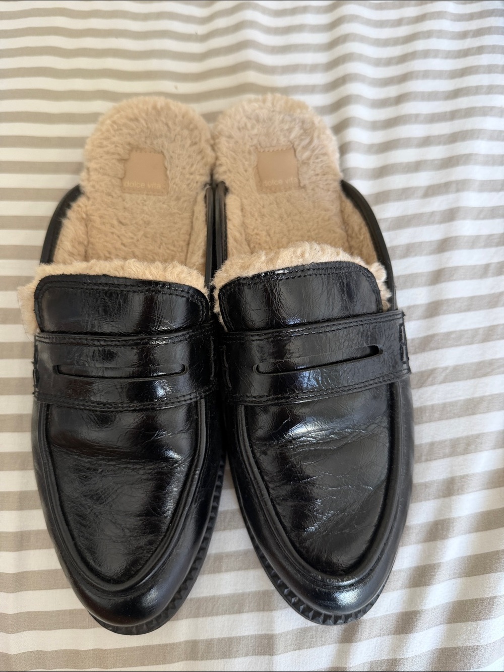 Dolce Vita Black and Cream Faux Shearling Mule Slides